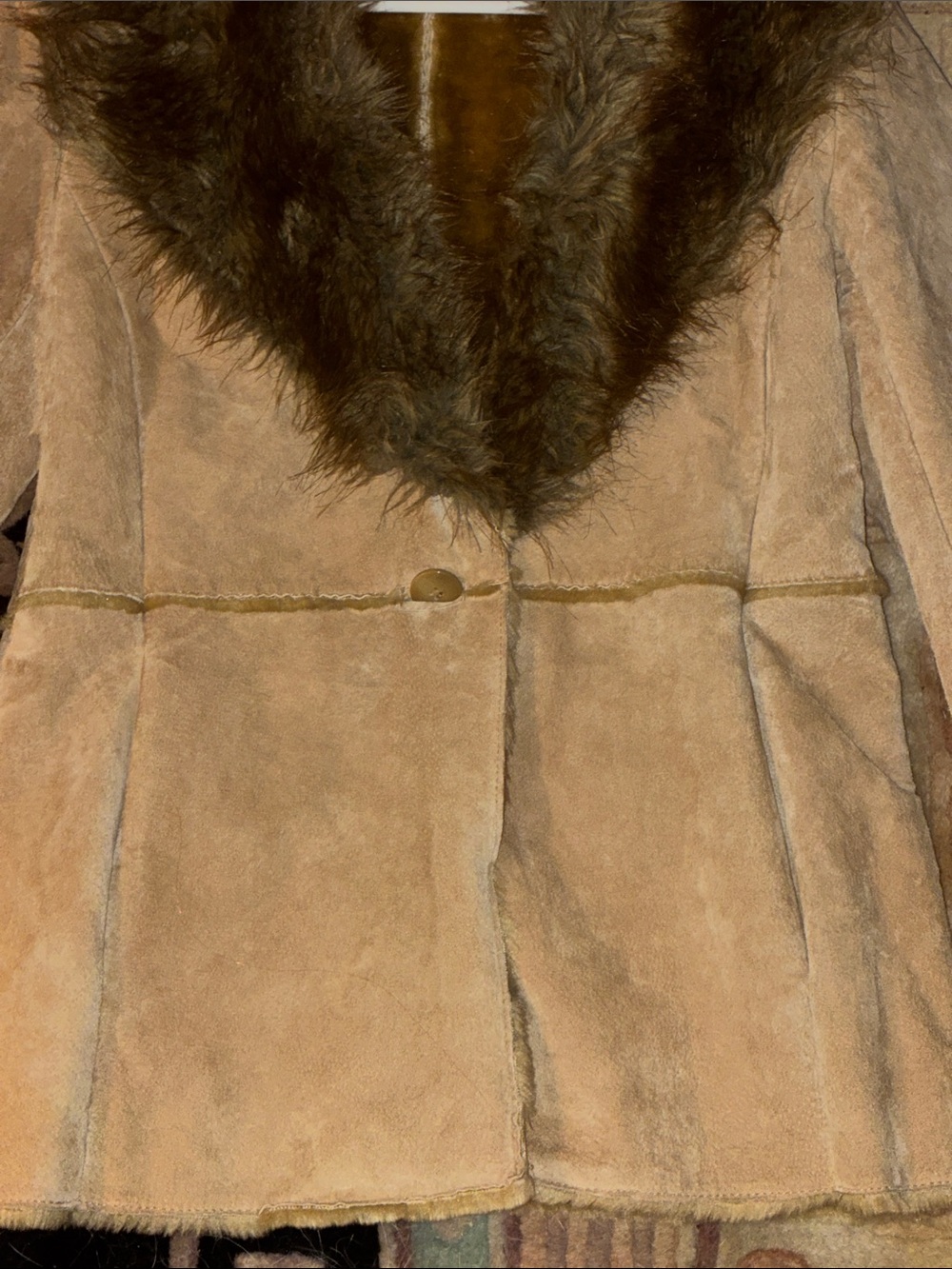 St. John's Bay Tan Faux Shearling Jacket with Fur Trim suede fully lined sz M